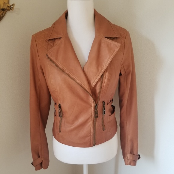 blanc noir Jackets & Blazers - BLANC NOIR Vegan Leather Camel Colored Moto Jacket